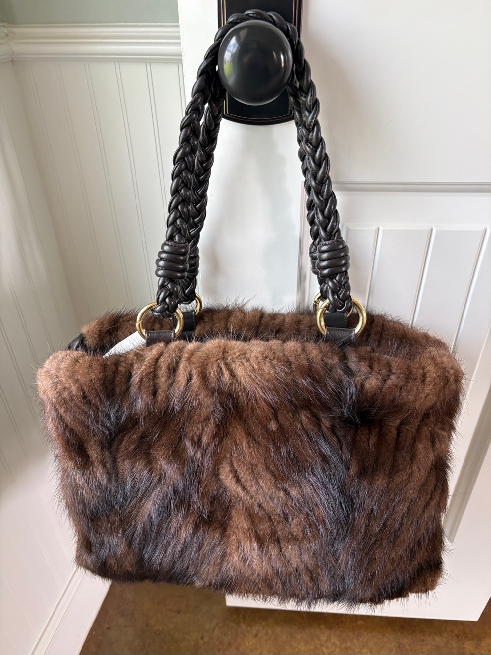 Faux Fur Brown Shoulder Bag with Braided Handles
